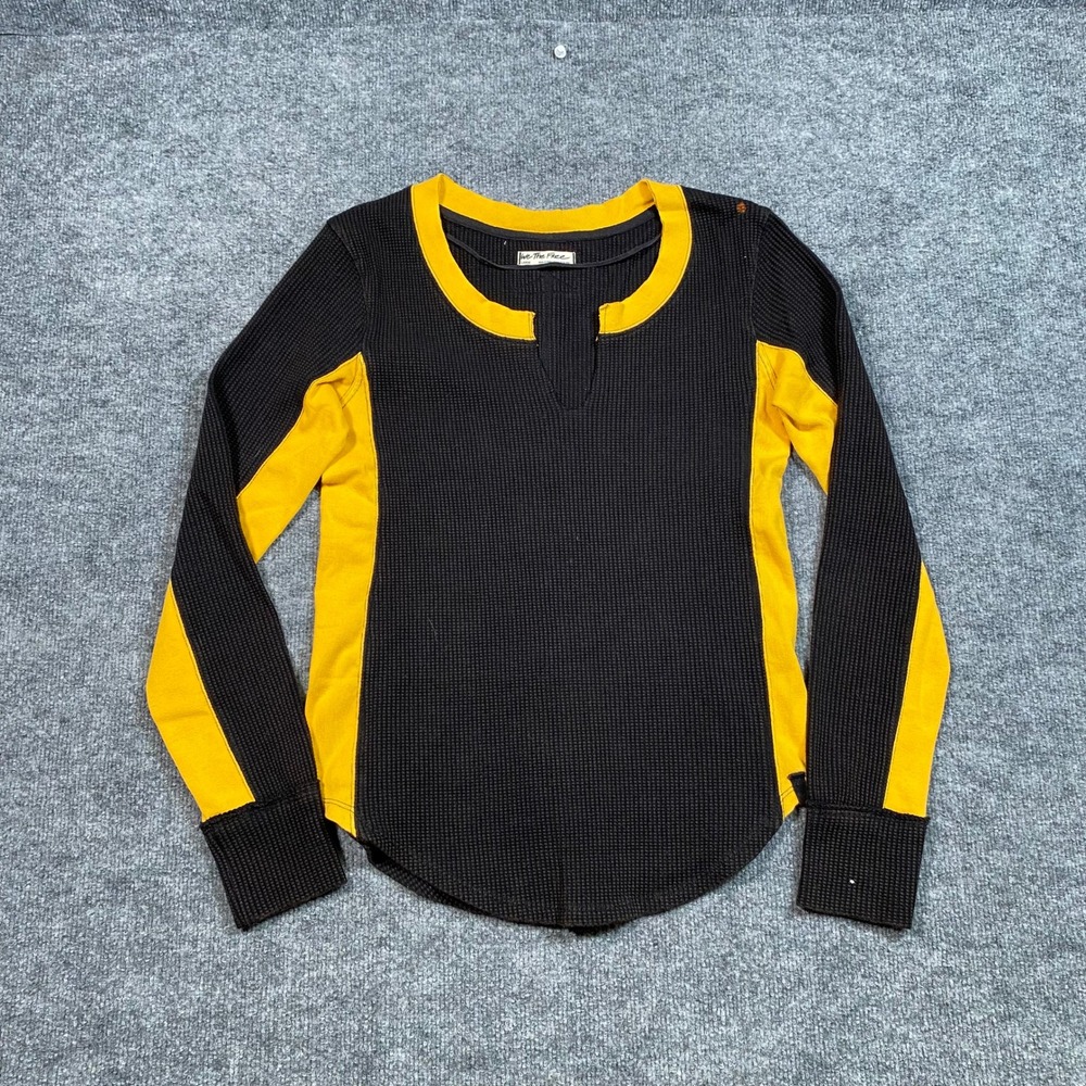 We The Free Waffle Knit Thermal Top Black Yellow Colorblock Split Neck Large